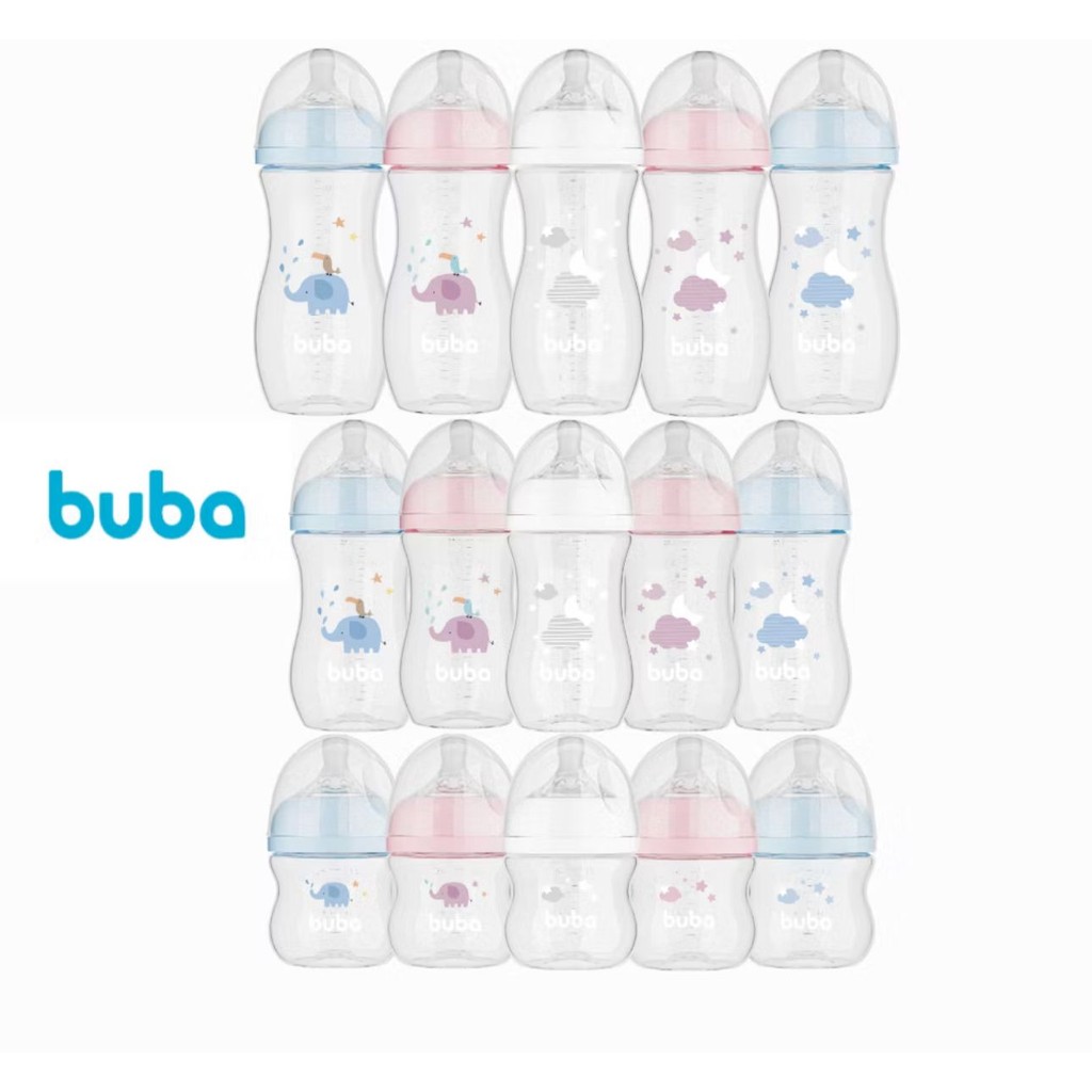 Mamadeira Buba Anticólica Easy Flow 120ml 270ml 330ml Bico Ultrasoft Estampas de Nuvem e Elefantinho Azul Rosa Branca