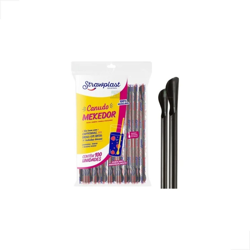 Canudo Plástico Mexedor Colher p/Drinks e Bebidas Preto c/100un - Strawplast em Oferta na Shopee