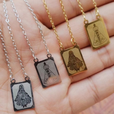 Escapulário Nossa Senhora Aparecida e Coração de Jesus em Prata de Aço Inox 316L dourado/prata