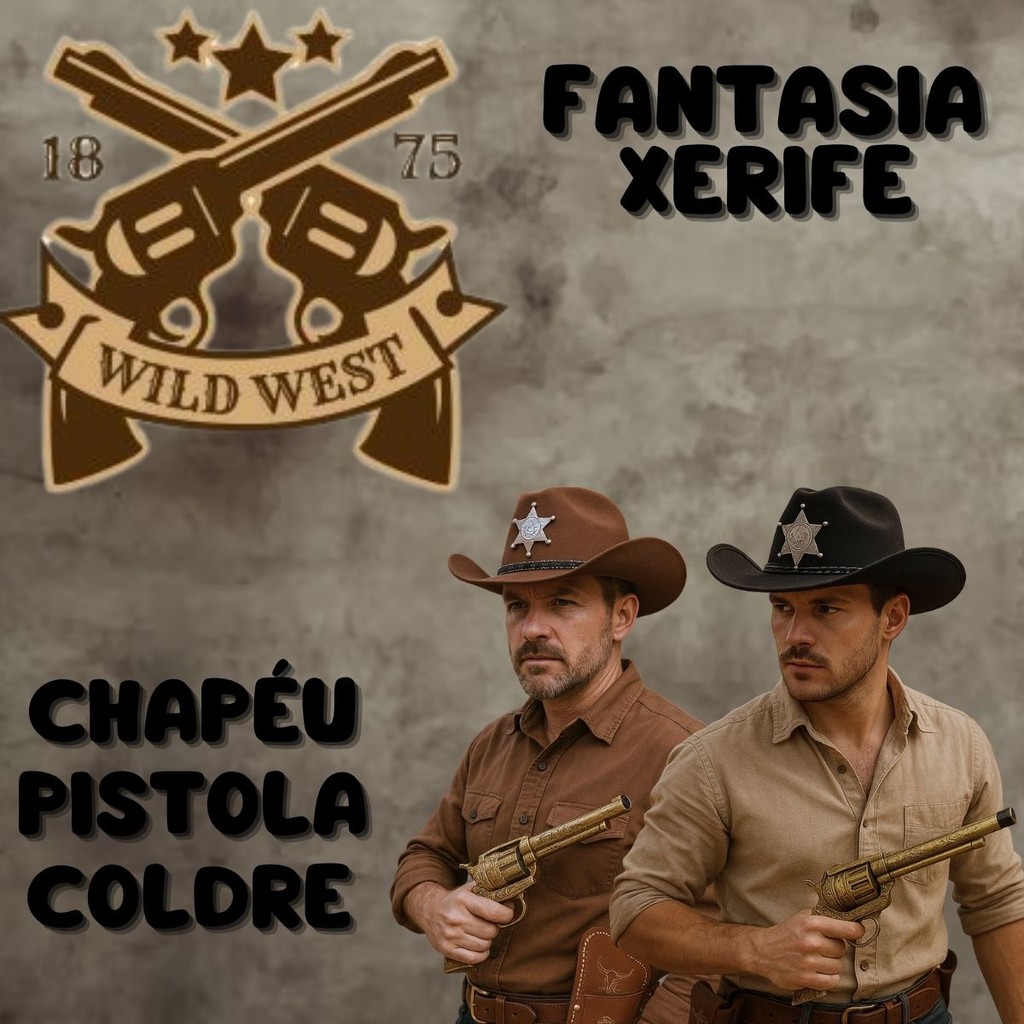 Kit Xerife Cowboy Arma Brinquedo Chapéu Coldre Velho Oeste Country Festa Carnaval Fantasia Cosplay