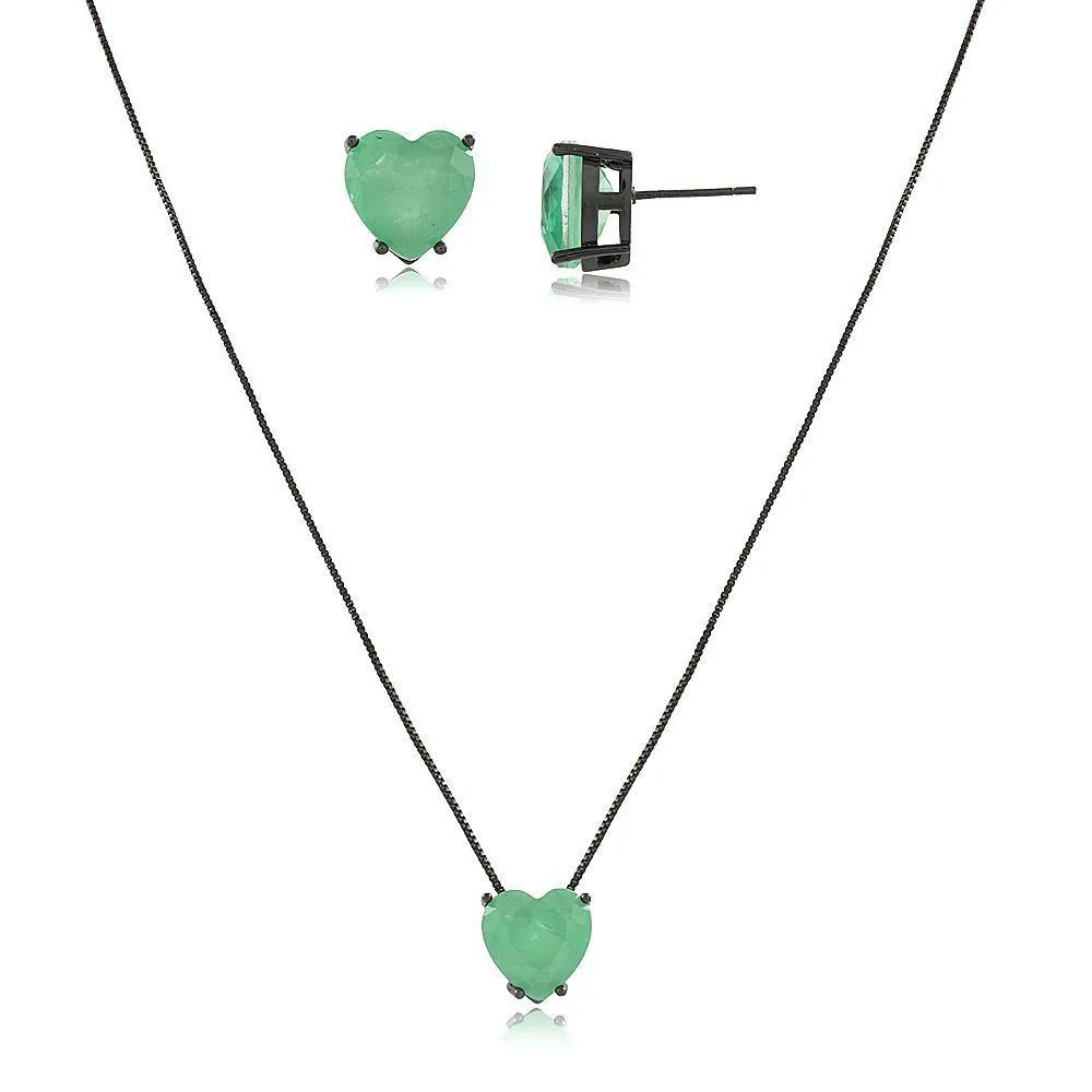Conjunto Coração Fusion Turmalina Ródio Negro Feminino Sofisticado Moderno Elegante