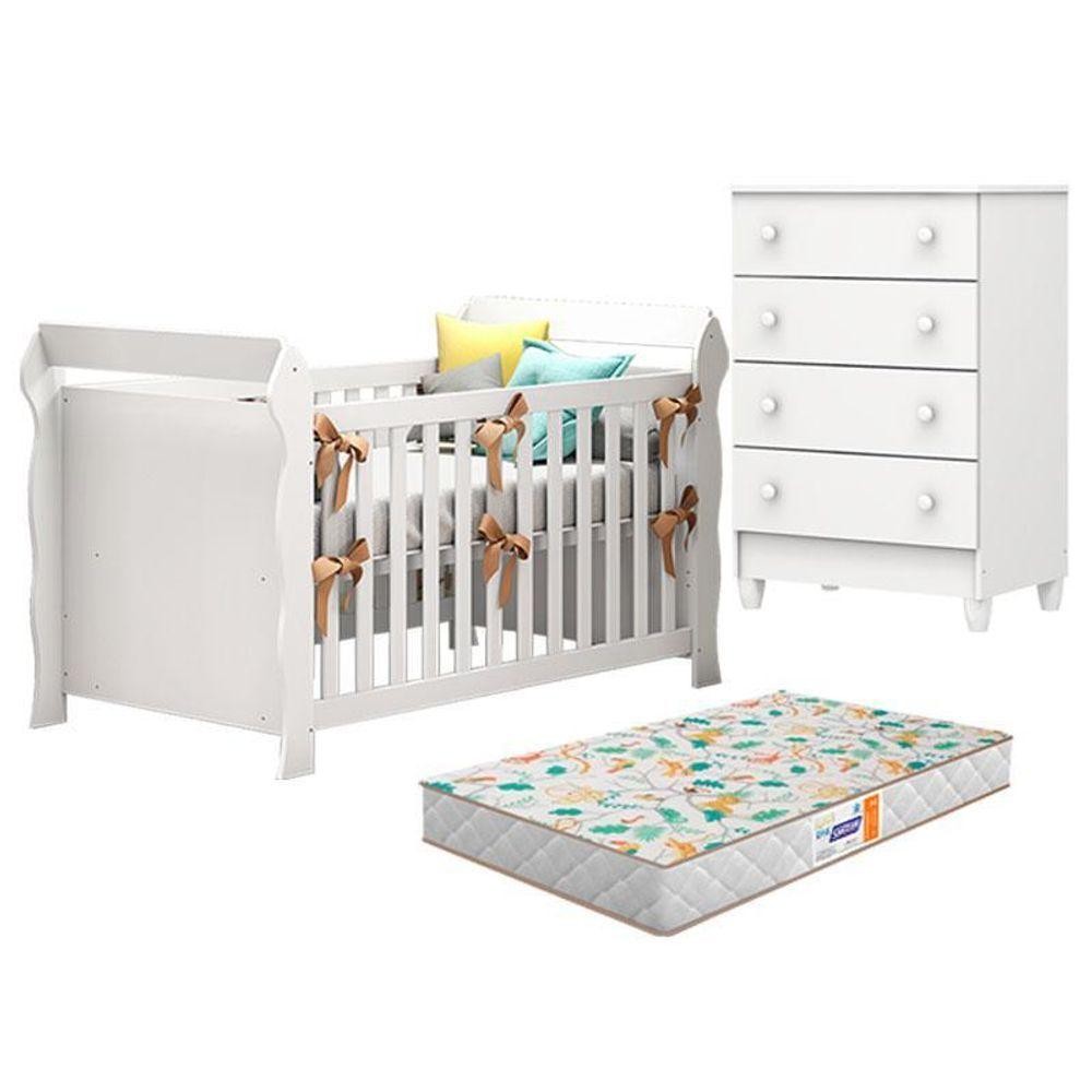 Berço Americano Lara E Cômoda Gaveteiro Mel Flat Branco Brilho Com Colchão Gazin – Carolina