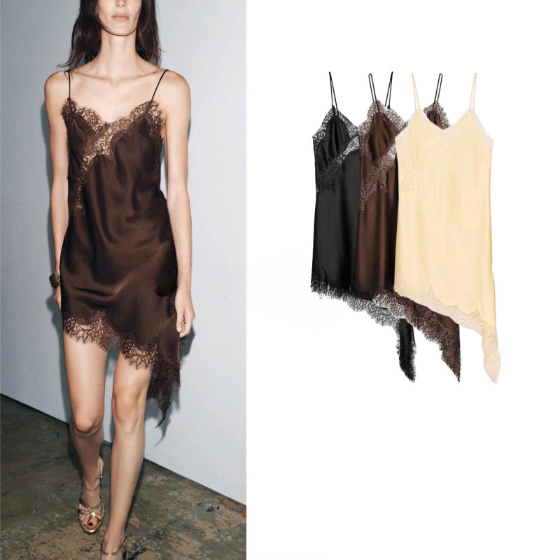 2025 verão novo produto feminino seda cetim textura renda decoração assimétrico vestido curto 5919200 em Oferta na Shopee