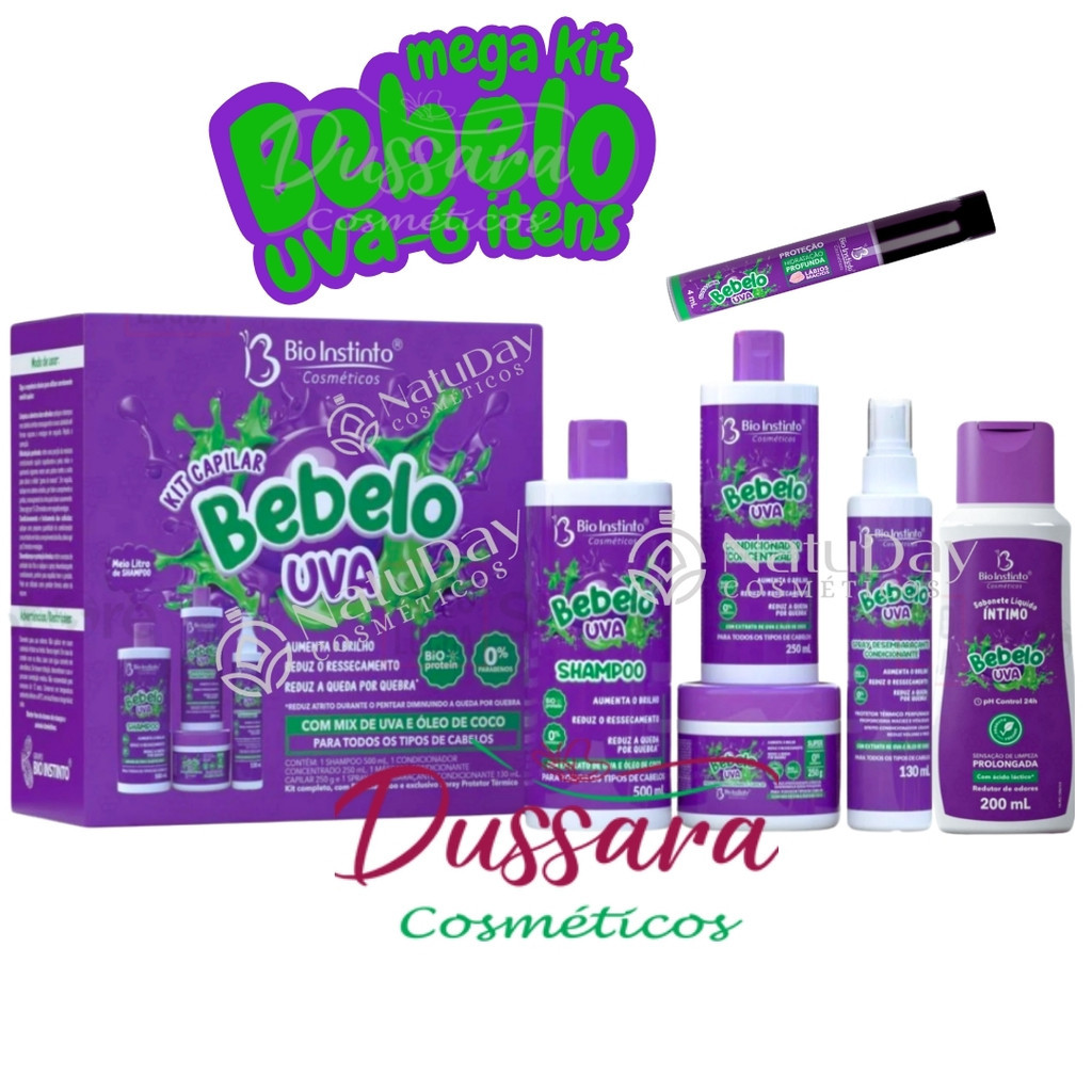 Kit Bebelo (6 itens) 1 Kit Capilar Bebelo UVA + 1 Sabonete Íntimo UVA + 1 Gloss UVA Bio Instinto