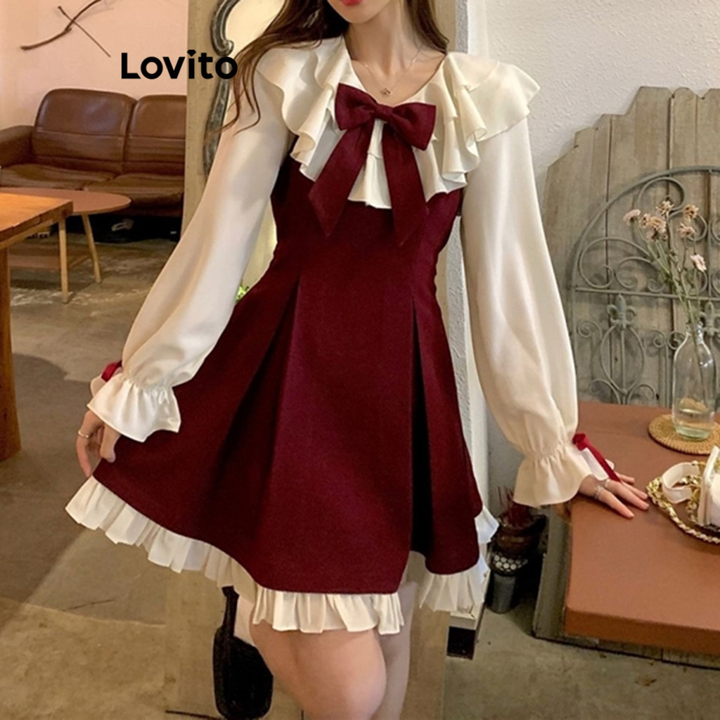 (Trendy) Lovito Vestido Fofo Patchwork Laço Babado Bainha Evasê Vestido De Festa De Natal Para Mulheres LNA43050 - Women Clothes