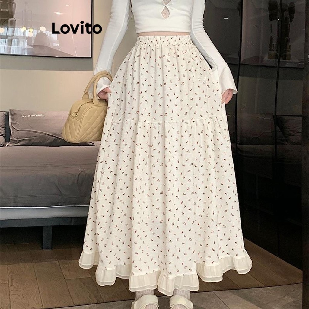 (Trendy) Lovito Saias Casuais Ditsy Floral Ruffle Saias Para Mulheres LNA60317