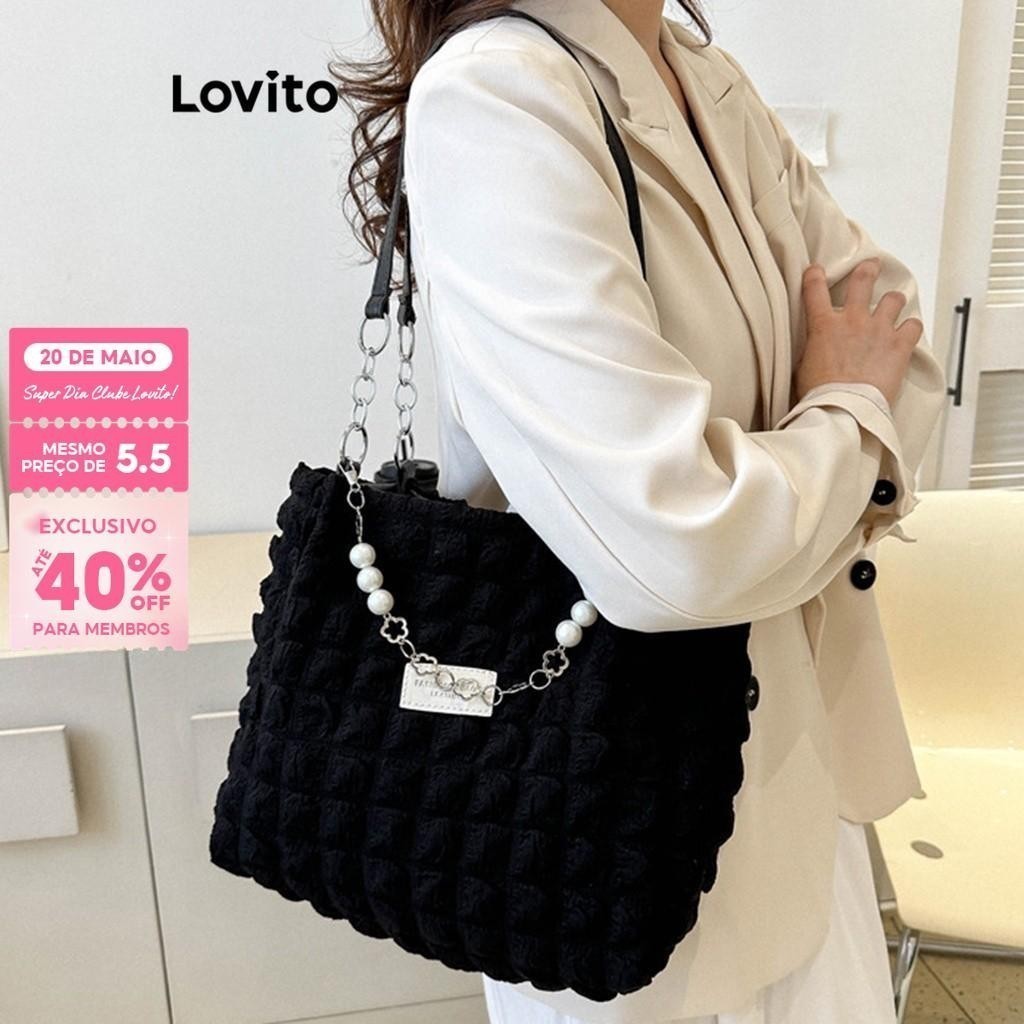 (Trendy) Lovito Bolsa De Ombro Casual Bolsa De Ombro Básica Lisa Para Mulheres LFA04001 (Branco/Preto) - Women Bags