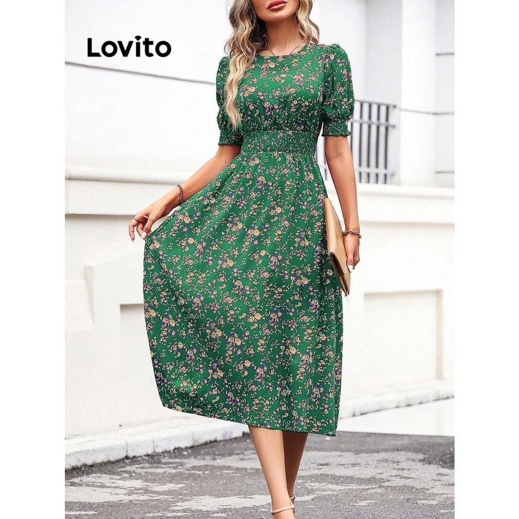 (Trendy) Lovito Vestido Elegante Ditsy Floral Smocked Vestido De Verão/Primavera Para Mulheres LNL81070 - Women Clothes
