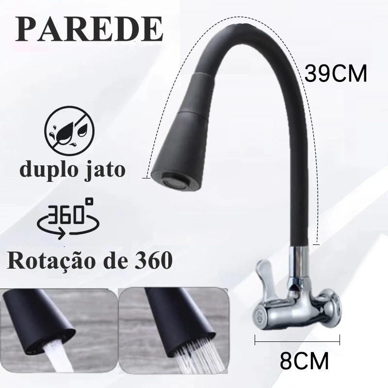 Torneira Parede Cozinha Gourmet Preta Flexivel 2 Jatos 1/4 de Volta Para Mesa Pia Bancada e Mármore -Techo Pro