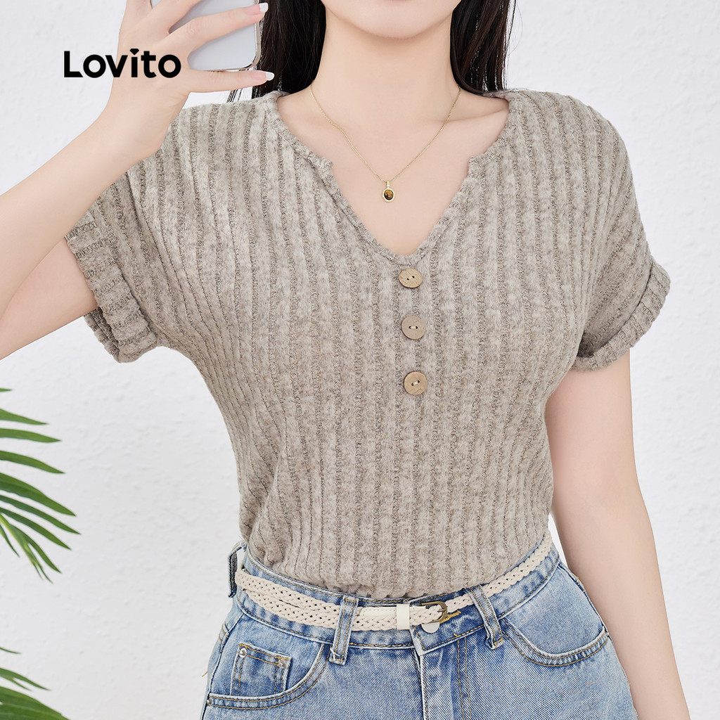 (New) Lovito Camisa Casual de Malha com Gola em Ribana para Primavera/verão para mulheres L143ED424 em Oferta na Shopee