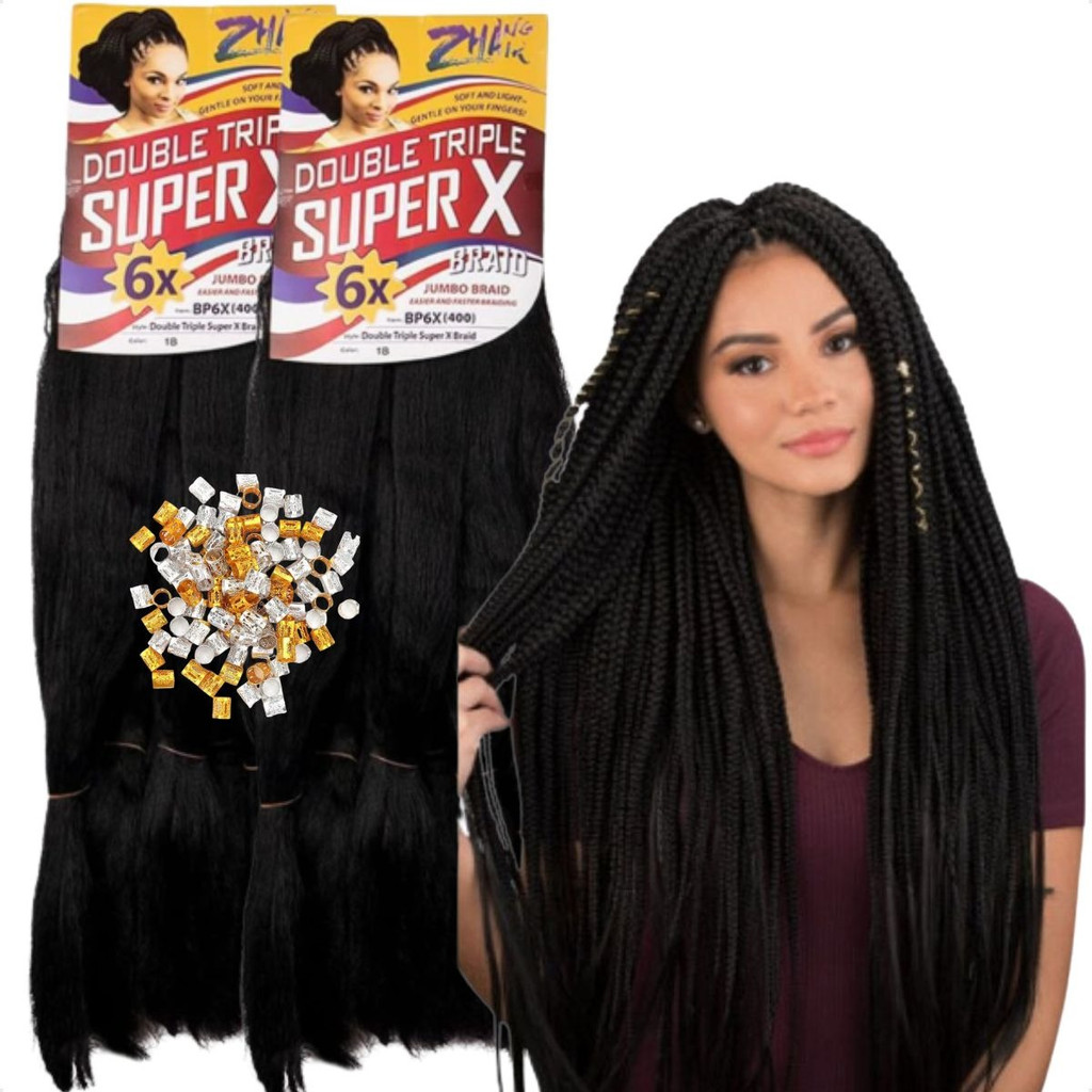 Kit 2 Pacotes Cabelo Jumbo Super X Para Tranças 400g + Anéis em Oferta na Shopee
