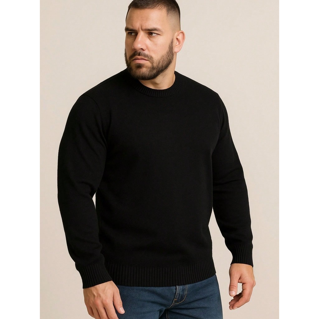 Suéter Tricot Masculino Liso Básico Casaco Blusa de Frio Gola Redonda Sem Estampa em Lã