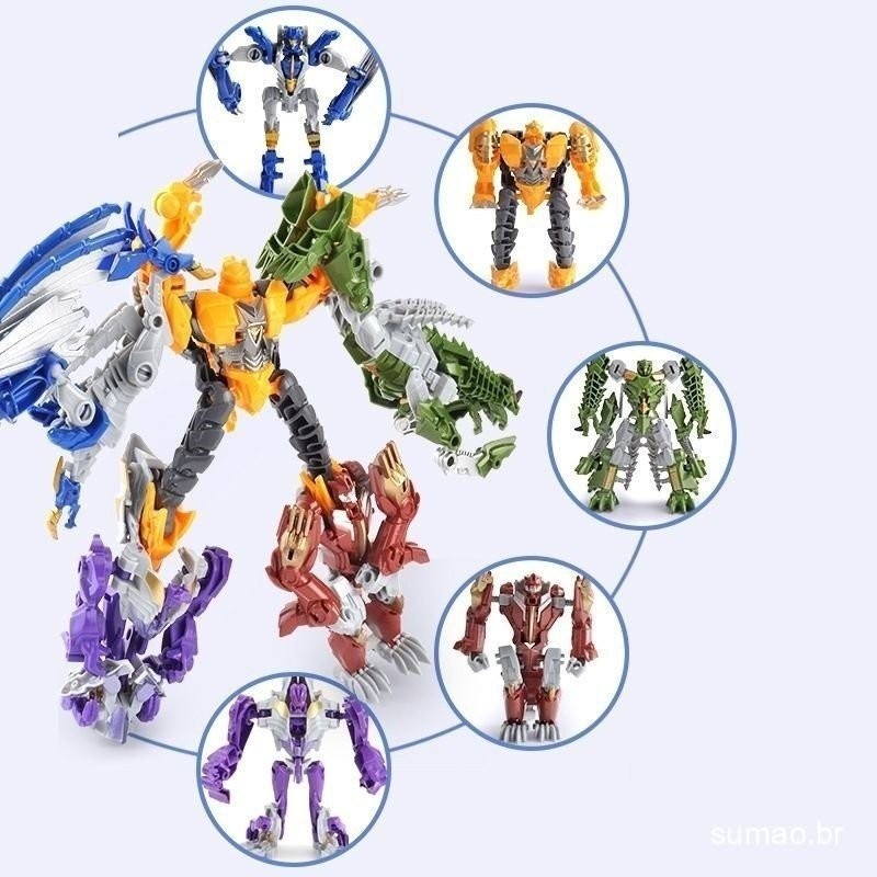 Brinquedo Dinossauro Transformável para Crianças 5-em-1 Robô de Montagem Combinação Mecha Modelo Tiranossauro — imagem 2 de 2