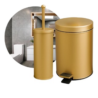 Kit Lixeira 3L Dourada Inox e Escova Sanitária com Suporte Crie & Construa em Oferta na Shopee