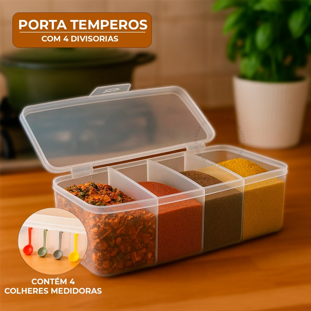 Pote Porta Temperos Pote Condimentos Organizador Com Divisórias 4 Colheres Medidoras em Oferta na Shopee