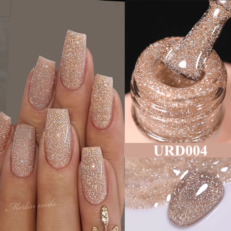 UR SUGAR 15ml Champanhe Ouro Tira Reflexiva Glitter Gel Unha Polonês Verniz Semi Permanente Embeber Fora UV Para Manicu — imagem 1