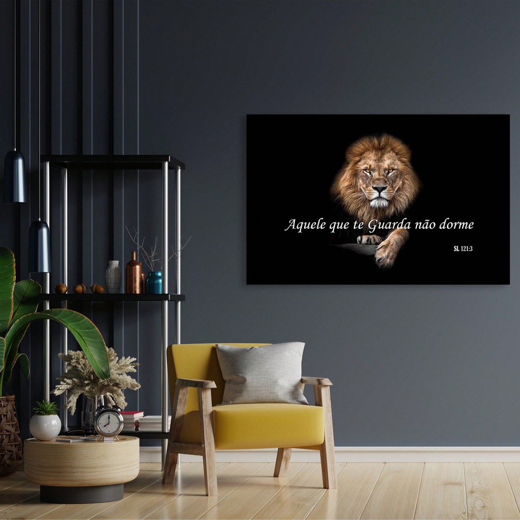 Quadro Decorativo de Parede Leão Aquele te Guarda não Dorme Cores Vivas Realista