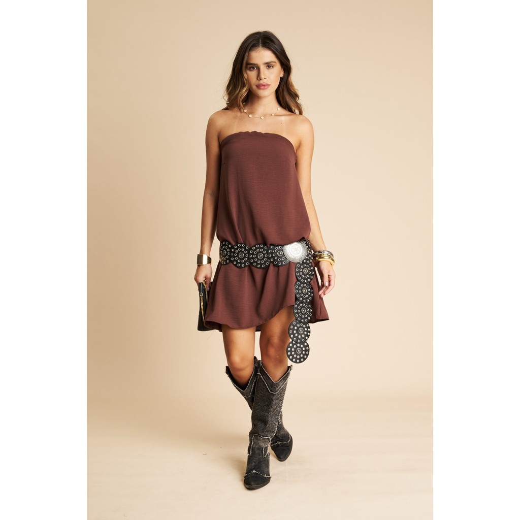 Vestido Curto Kristie Tomara Que Caia De Crepe - Marrom