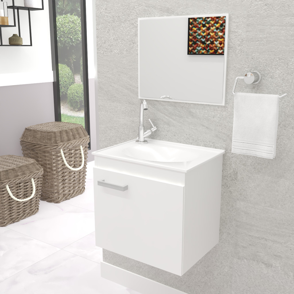 Gabinete Armário Balcão Para Banheiro Completo Com Cuba E Espelheira Espelho Bari Branco