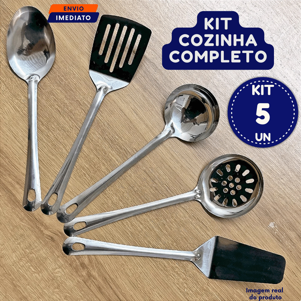 Utensílios Aço Inox 3 4 ou 5 Un P/ Servir Colher Arroz Concha Escumadeira Espátula e Espátula Vazada Bolo Massa Feijão