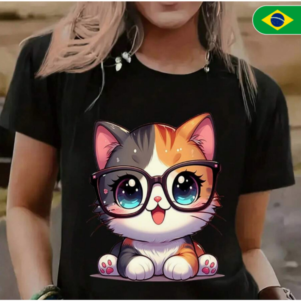 Camiseta preta solta unissex | Estampa de gato estudioso de olhos grandes - Camisa casual jovem e infantil