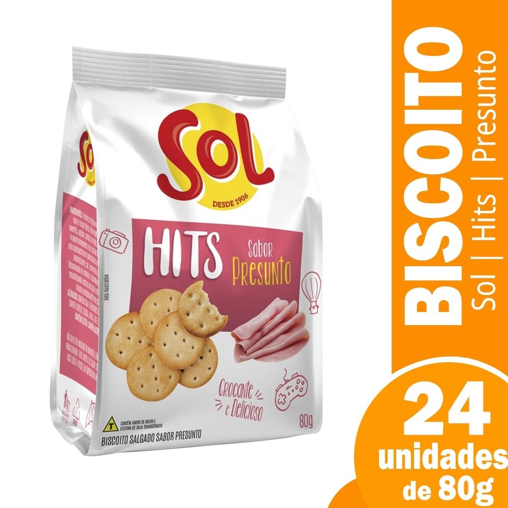 Biscoito Salgadinho Hits Sol Presunto 80g - Embalagem c/ 24 Unidades