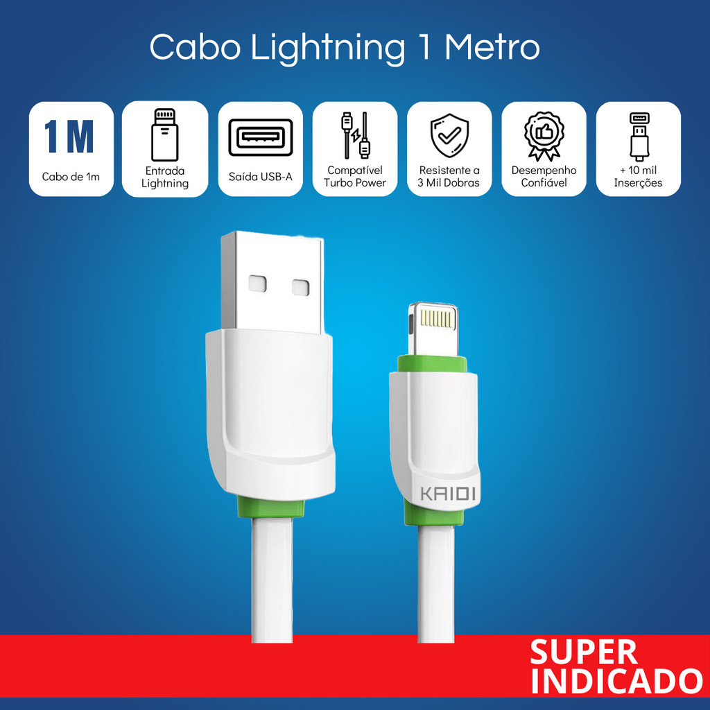 Cabo USB Lightning Kaidi 1 Metro Original Turbo Power Carregamento Rápido iPhone Kd--306