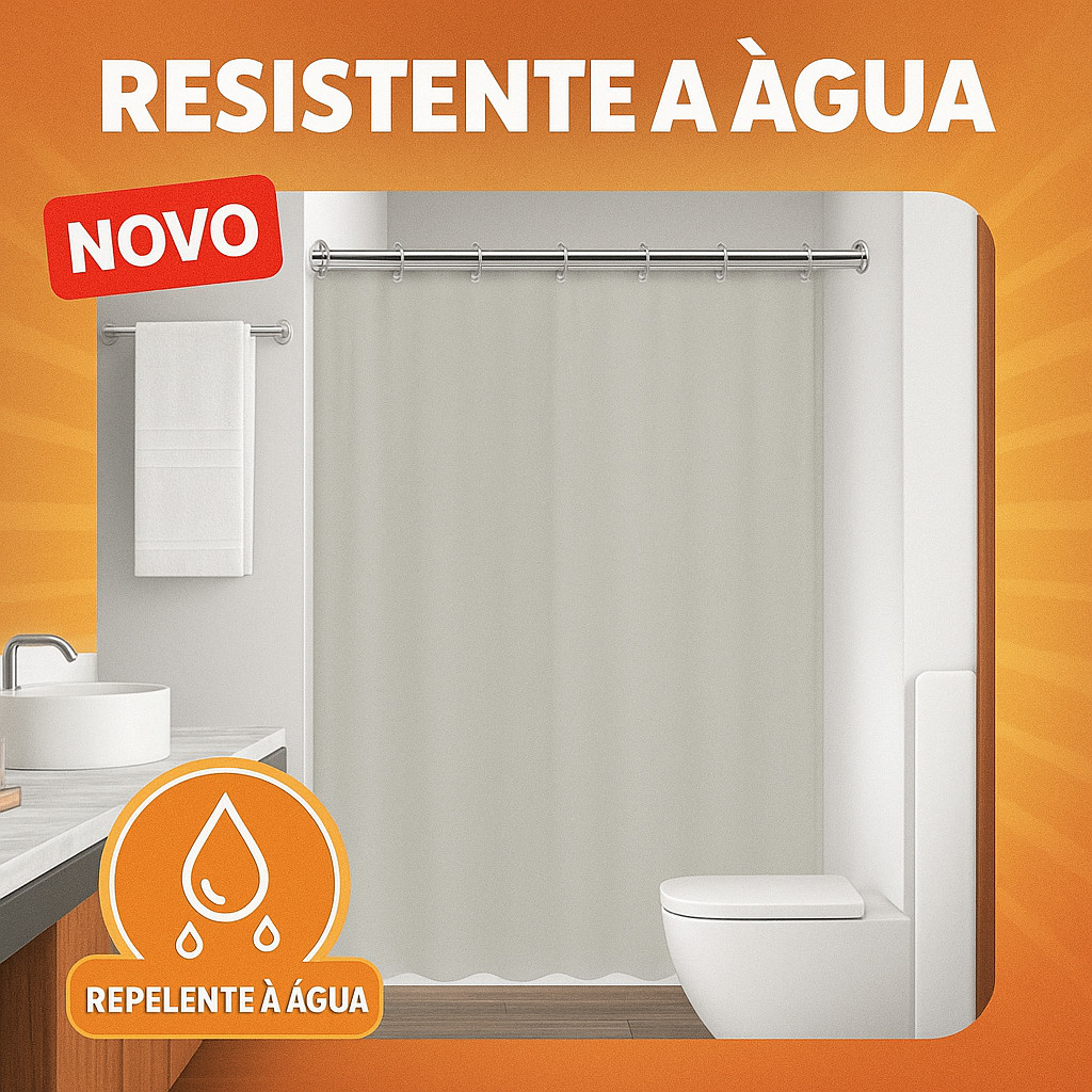 Cortina Box Banheiro Luxo Poliéster Lavável Bege com Ganchos Impermeável 138x198cm Antimofo