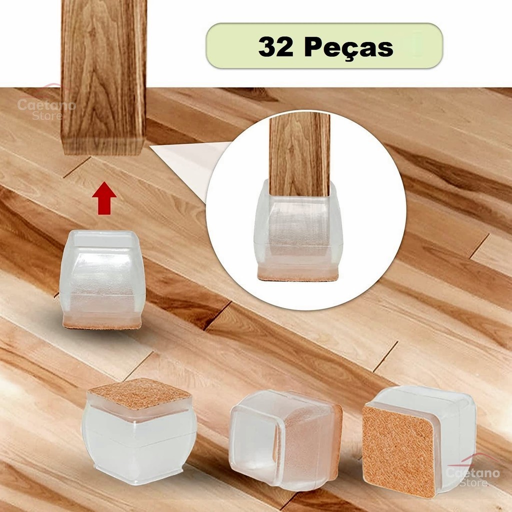 Kit 32 Protetor Pé De Cadeira Quadrado Pezinho Anti Risco Silicone + Feltro De 2,2 até 3,2cm