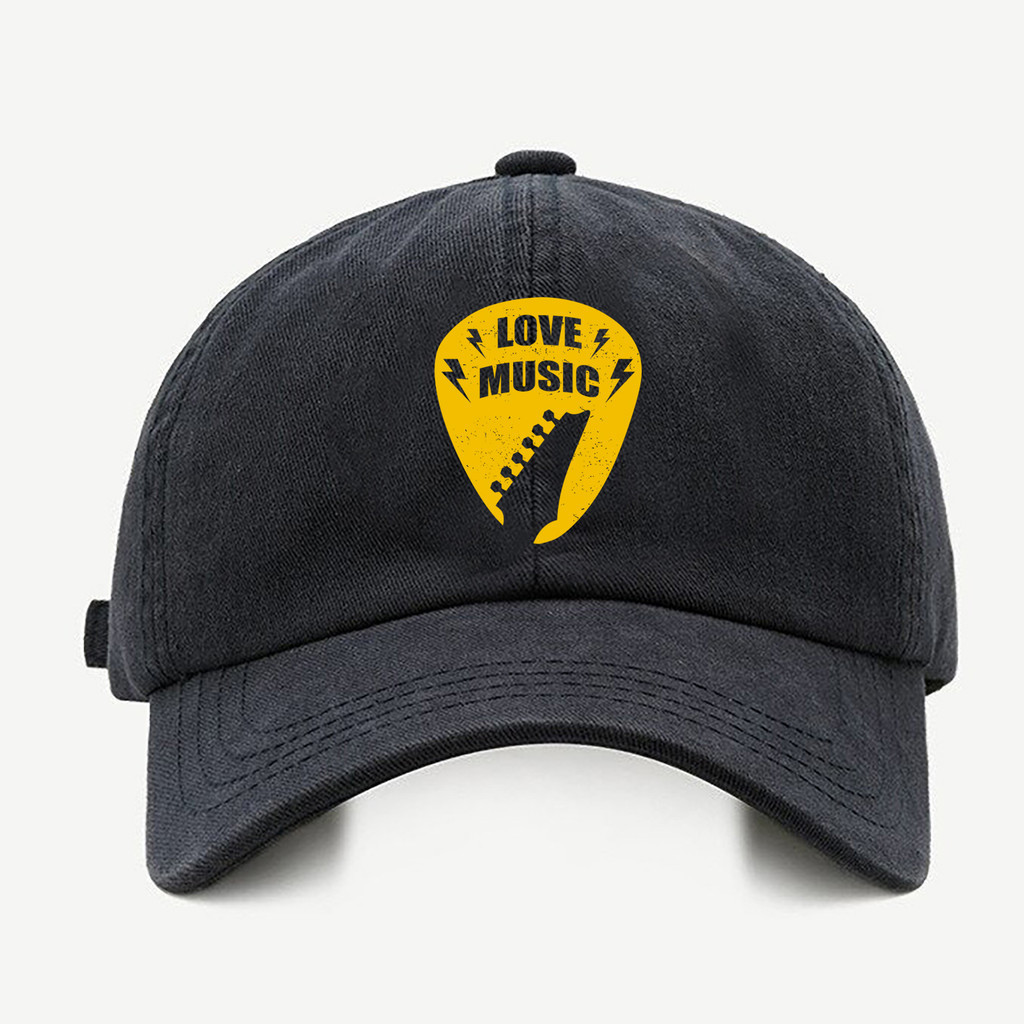 Bone baseball masculino preto Amo Musica Com regualgem cores bege e branco