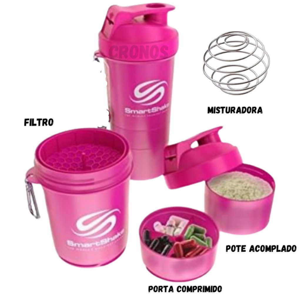 Coqueteleira Shakeira Academia Com Mola inox e acessórios rosa preto