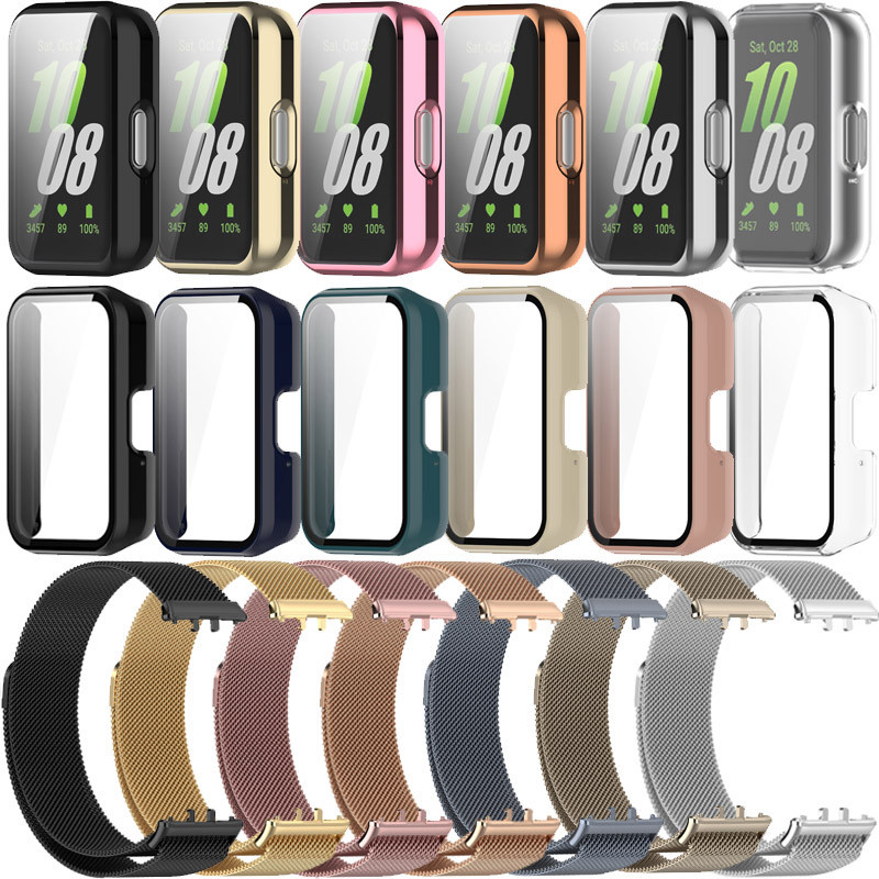 Para Samsung Galaxy Fit 3 Bracelete De Aço Inoxidável Milan Ring Bracelet Pulseira Magnética TPU Protetor De Tela PC Estrutura De Vidro