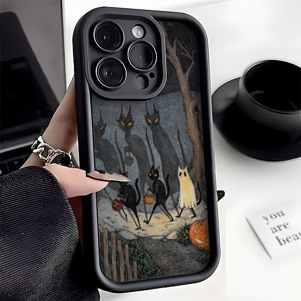Capa De Celular Preta De Gato Para Halloween Samsung Galaxy A73 A71 A55 A54 A53 A52 A52S A51 A34 A33 A32 A24 A23 A22 A15 A14 A13 A12 A05S A04S 4G 5G Proteção De Lente De Escada