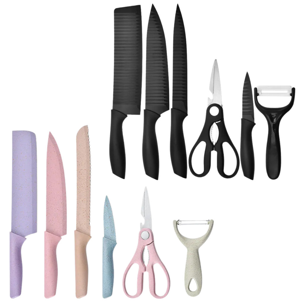 Conjunto 6 Utensílios De Cozinha Profissional Churrasco Inox – Facas, Descascador E Tesoura