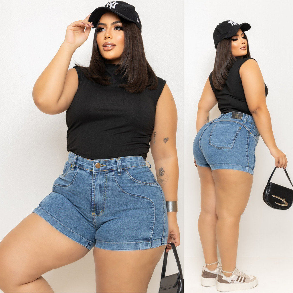 Short Jeans Plus Size Feminino Com Lycra Marmorizado Claro 44 Ao 54 em Oferta na Shopee