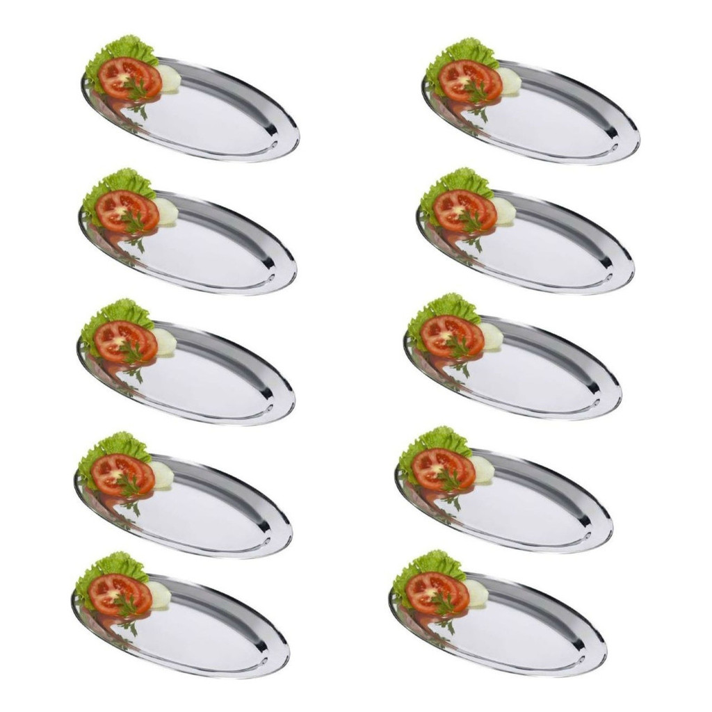 Kit 10 Bandejas Travessas Bandeja Rasa de Inox 25cm Restaurante Bar Porção Comida Salada