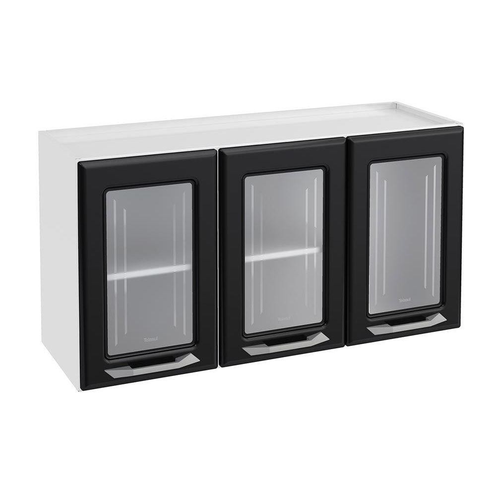 Armário Aéreo p/ Cozinha Topázio 3 Portas c/ Vidro 105cm Branco/Preto - Telasul