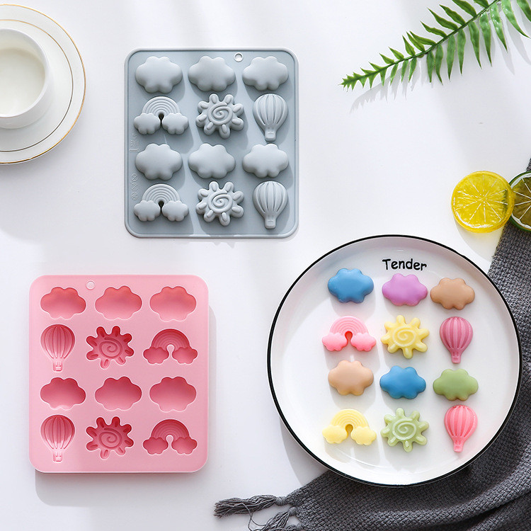 12 Cavidades Nuvens Balão De Ar Quente Sol Arco-Íris Forma Molde De Silicone Garrafa De Cera Açúcar Chocolate Decorações