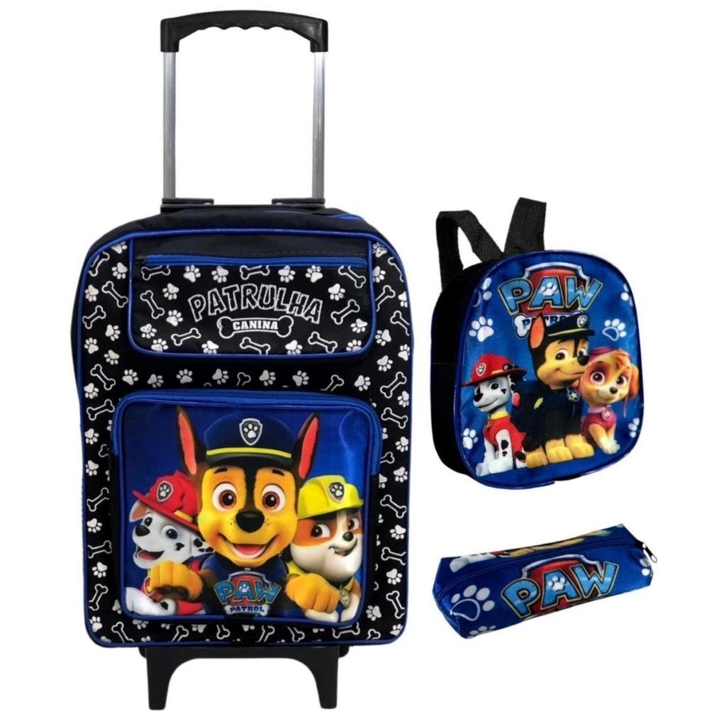 KIT Mochila Escolar Rodinhas Azul Grande Lancheira e Estojo Patrulha Canina Infantil Para Meninos em Oferta na Shopee