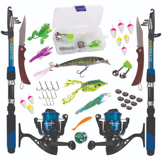 KIT DE PESCA C/2 VARAS + 2 MOLINETES + ISCAS  + ITENS