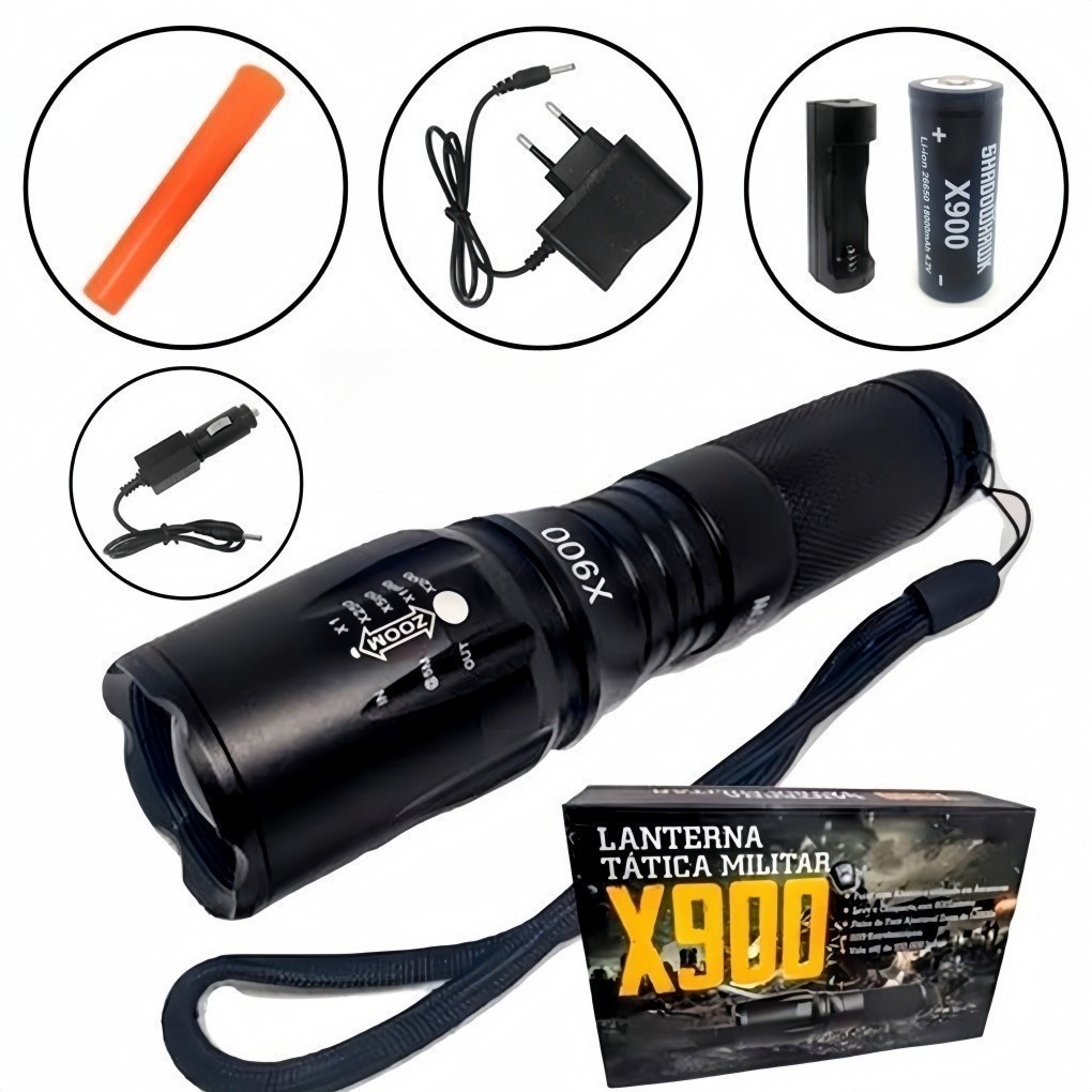 Lanterna Tática Com Zoom Militar X900 Profissional Aventura Na Selva Sinalizador Recarregável Luz Camping