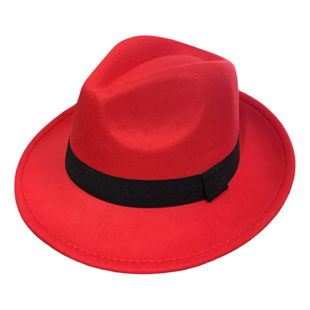 Exclusivo Chapéu Fedora De Feltro Vermelho Aba Média Curvada