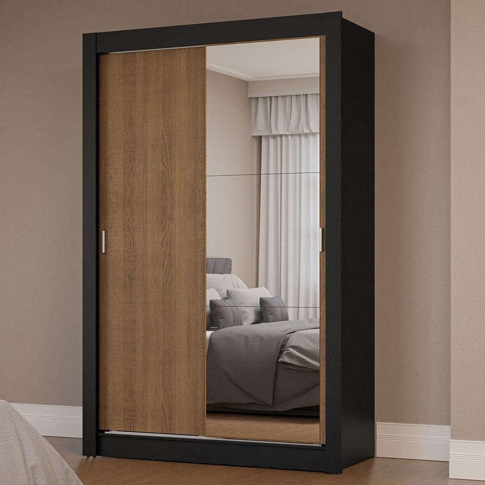 Guarda-Roupa Solteiro 2 Portas de Correr com Espelho Preto/Rustic Milano Madesa