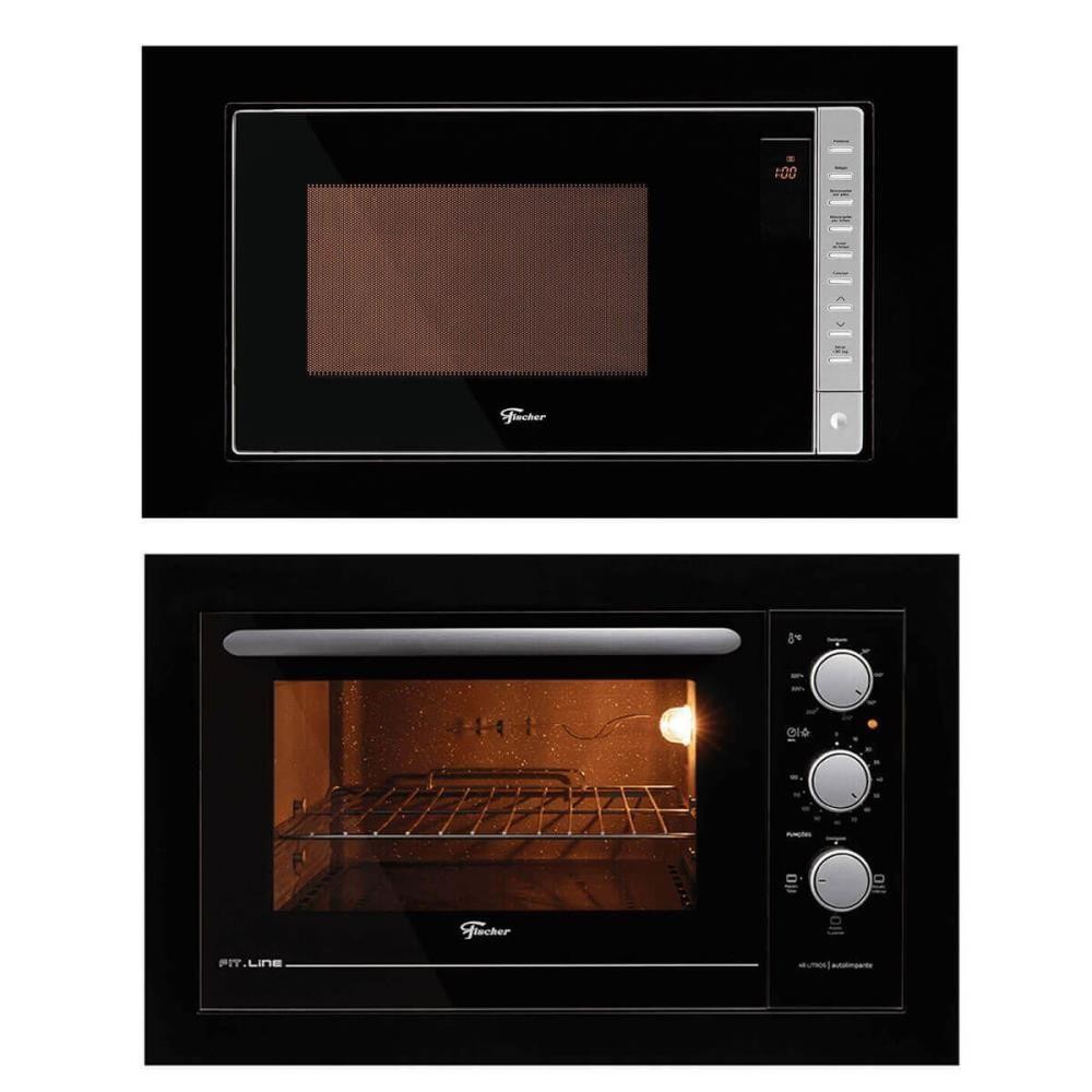 Imagem Kit Forno Elétrico 48L + Micro-Ondas 25L Fischer Fit Line Embutir Preto 220V