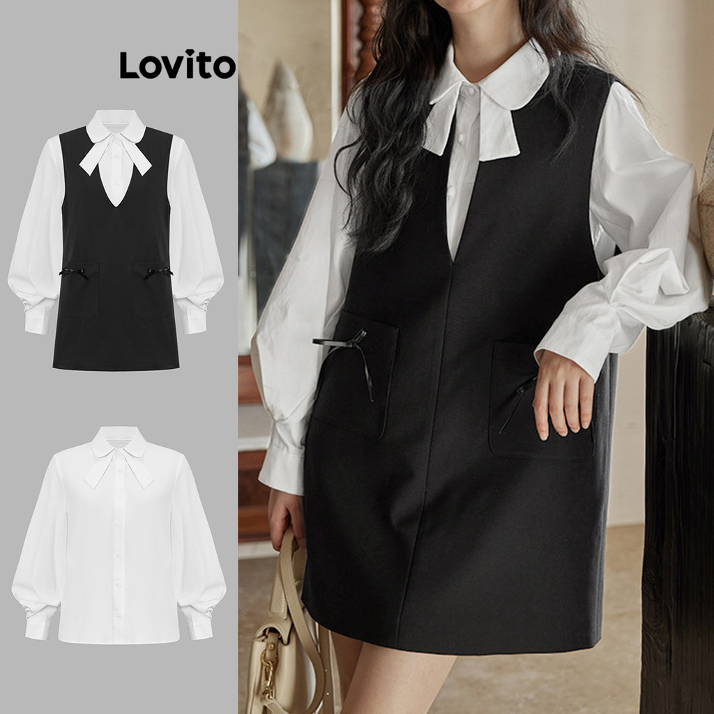 Lovito Conjuntos De Saia Casual Com Bolso De Laço Liso E Blusas Drapeadas Para Mulheres L106AD270 - Women Clothes