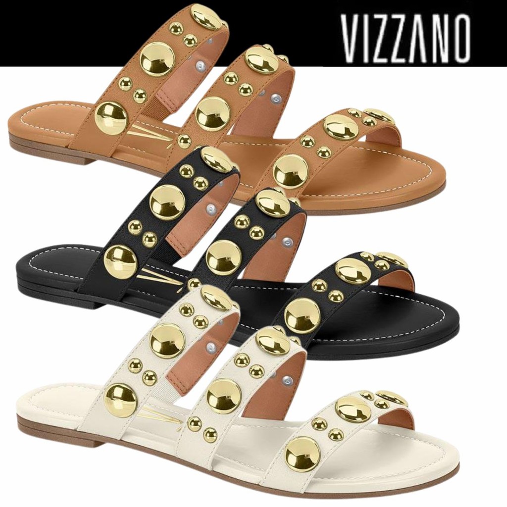 Sandália Rasteira Feminina Vizzano Tiras Esferas Metalizadas Conforto em Oferta na Shopee