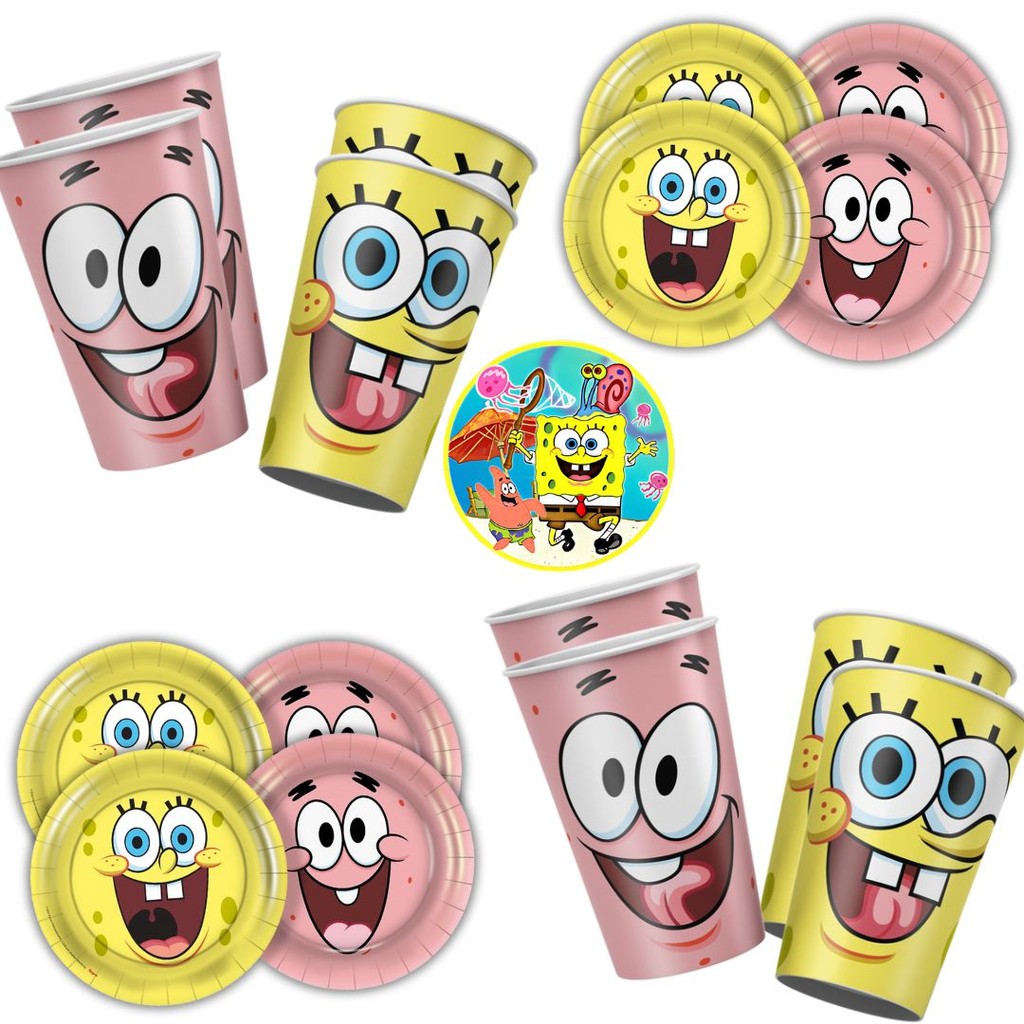 Kit Festa  BOB ESPONJA 16 Pratos + 16 Copos Descartável 180 Ml Papel - REGINA - Home & Living