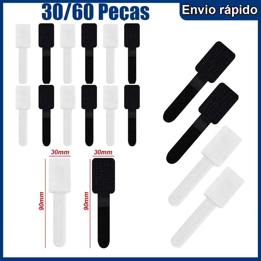 30/60/120 Pçs Organizador de Cabos Fios Fita Abraçadeira Velcro Preto Branco Informática Flexível 30x90mm