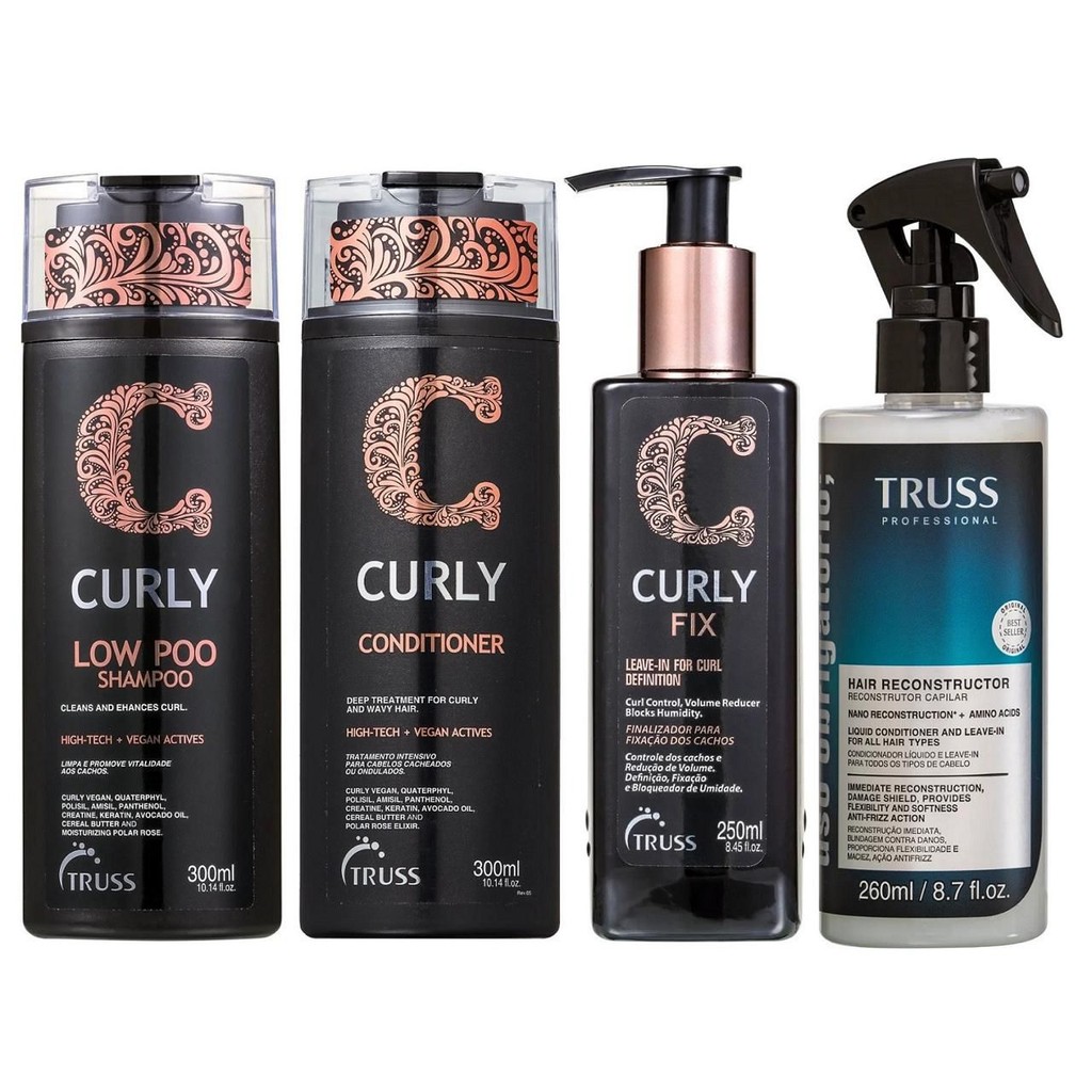 Kit Truss Curly  - Low Poo Shampoo 300ml + Condicionador 300ml + Uso Obr. Reconstrutor 260ml + Fix Leave in 250ml