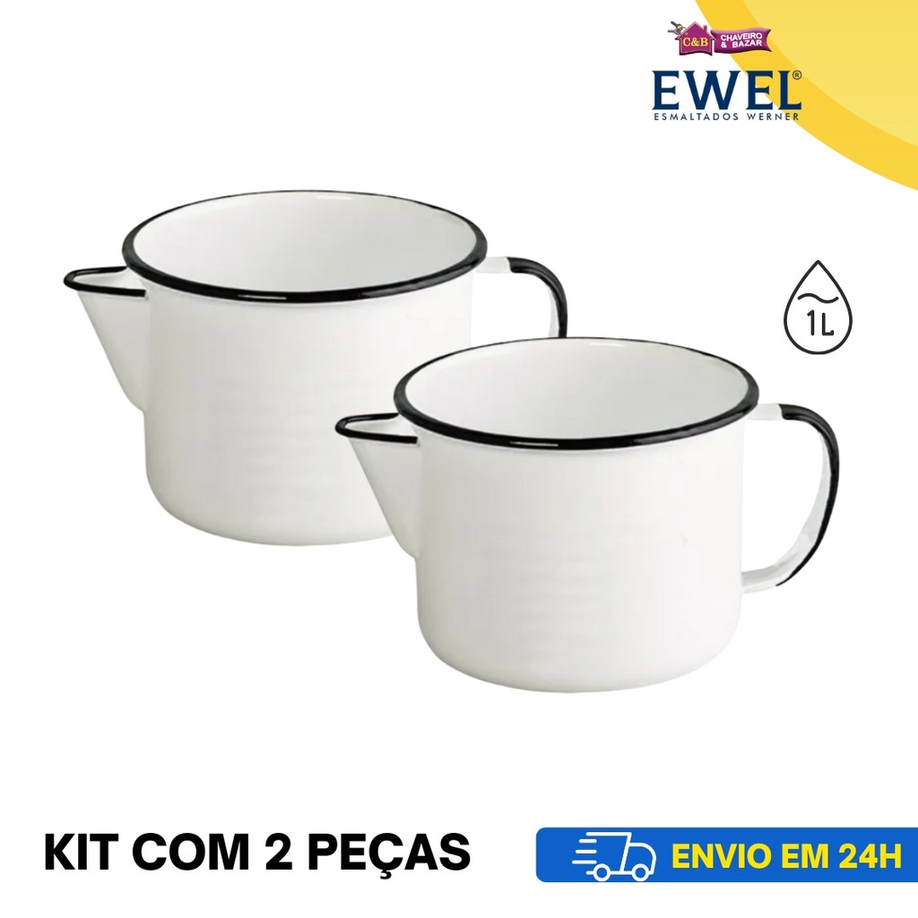 Kit 2x Canecas Leiteira ágata 12 1L c/ bico Ewel - Branca